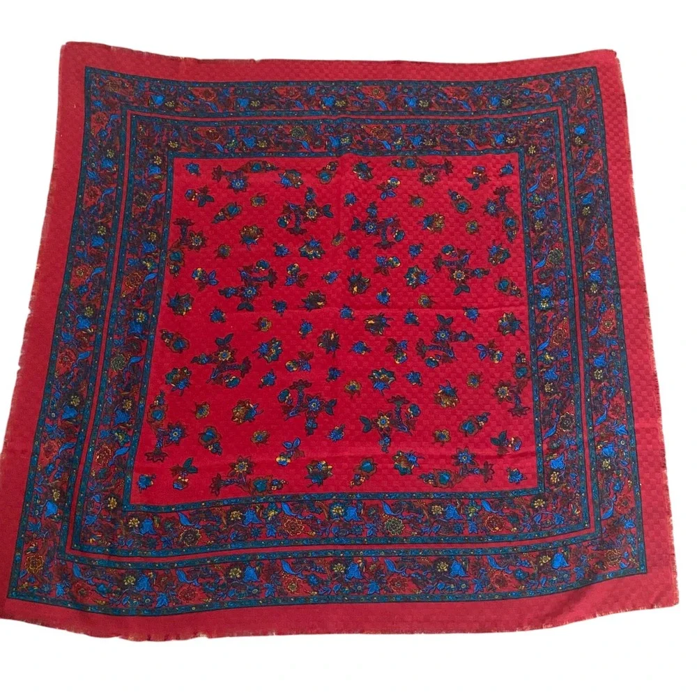 Vintage Made in Italy Red Floral Paisley Square Scarf Fringed 31x31